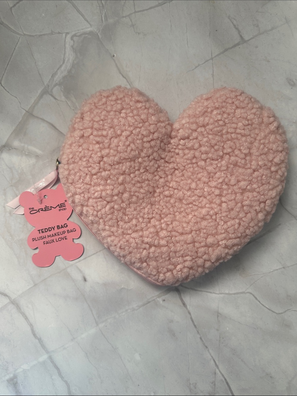 The Crème Shop Heart-Shaped Teddy Plush Makeup Bag in Soft Pink